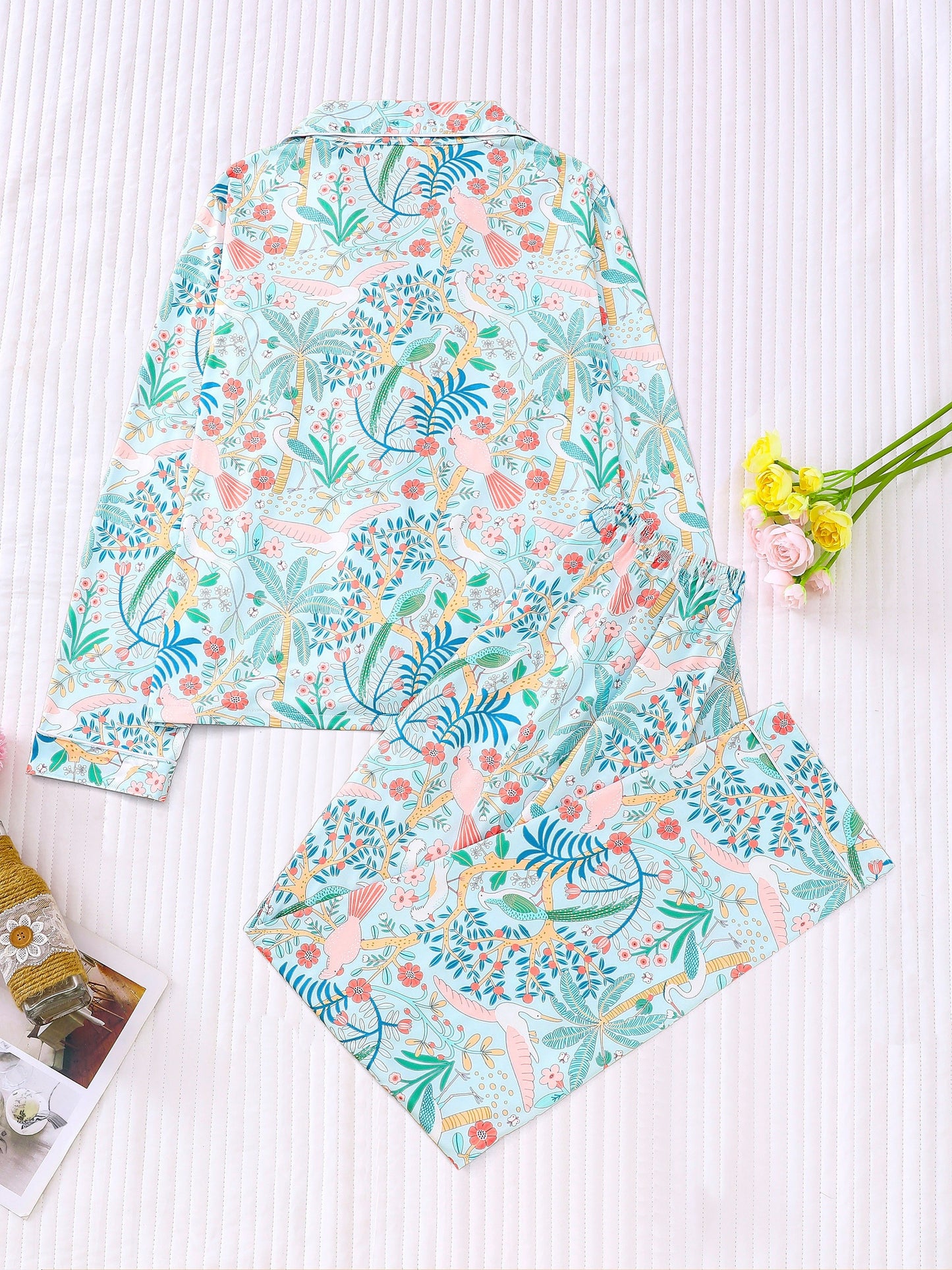 Flowers Charm Pajama set full sleeves (sky blue)
