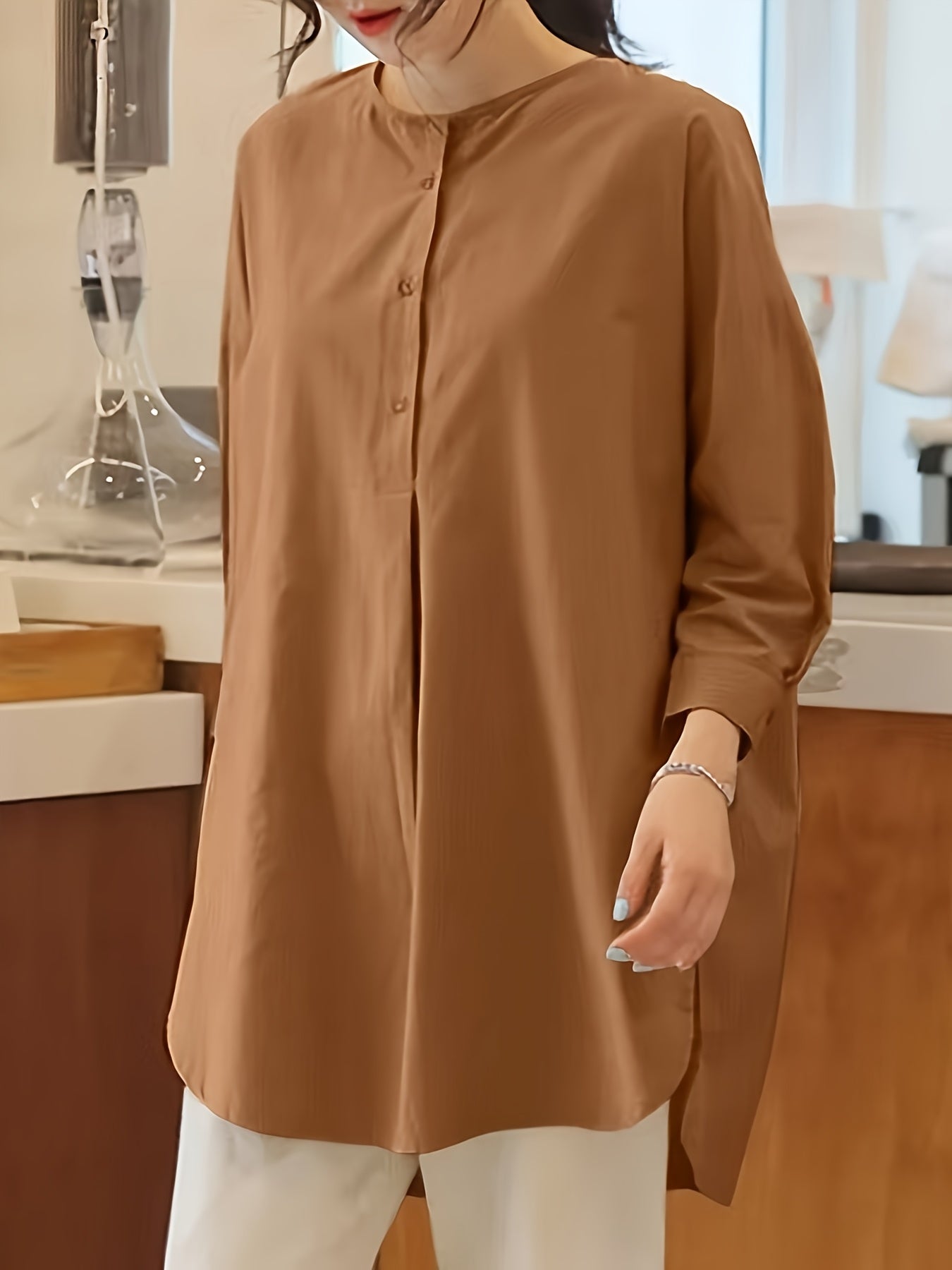 Collarless long shirt (Brown)
